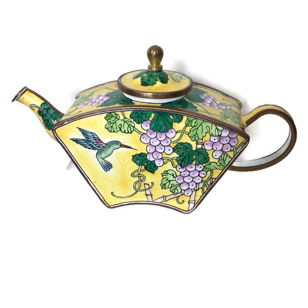 Vintage Kelvin Chen Handpainted Copper Enamel Teapot Hummingbird Grapes